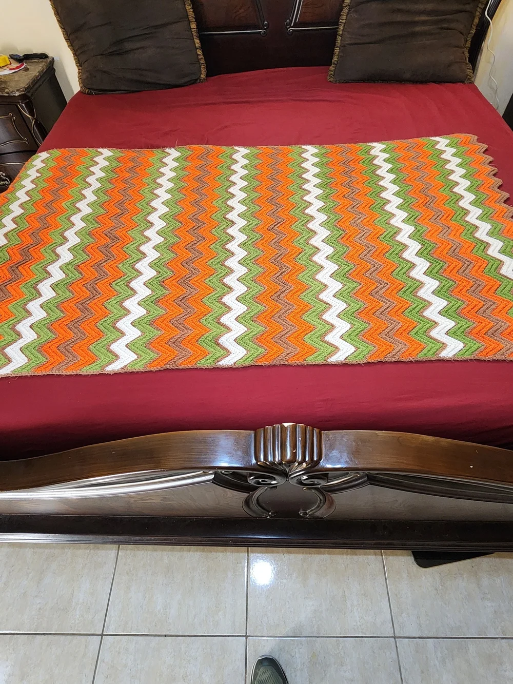 Vintage Handmade Chevron Crochet Throw in Orange, Green & White